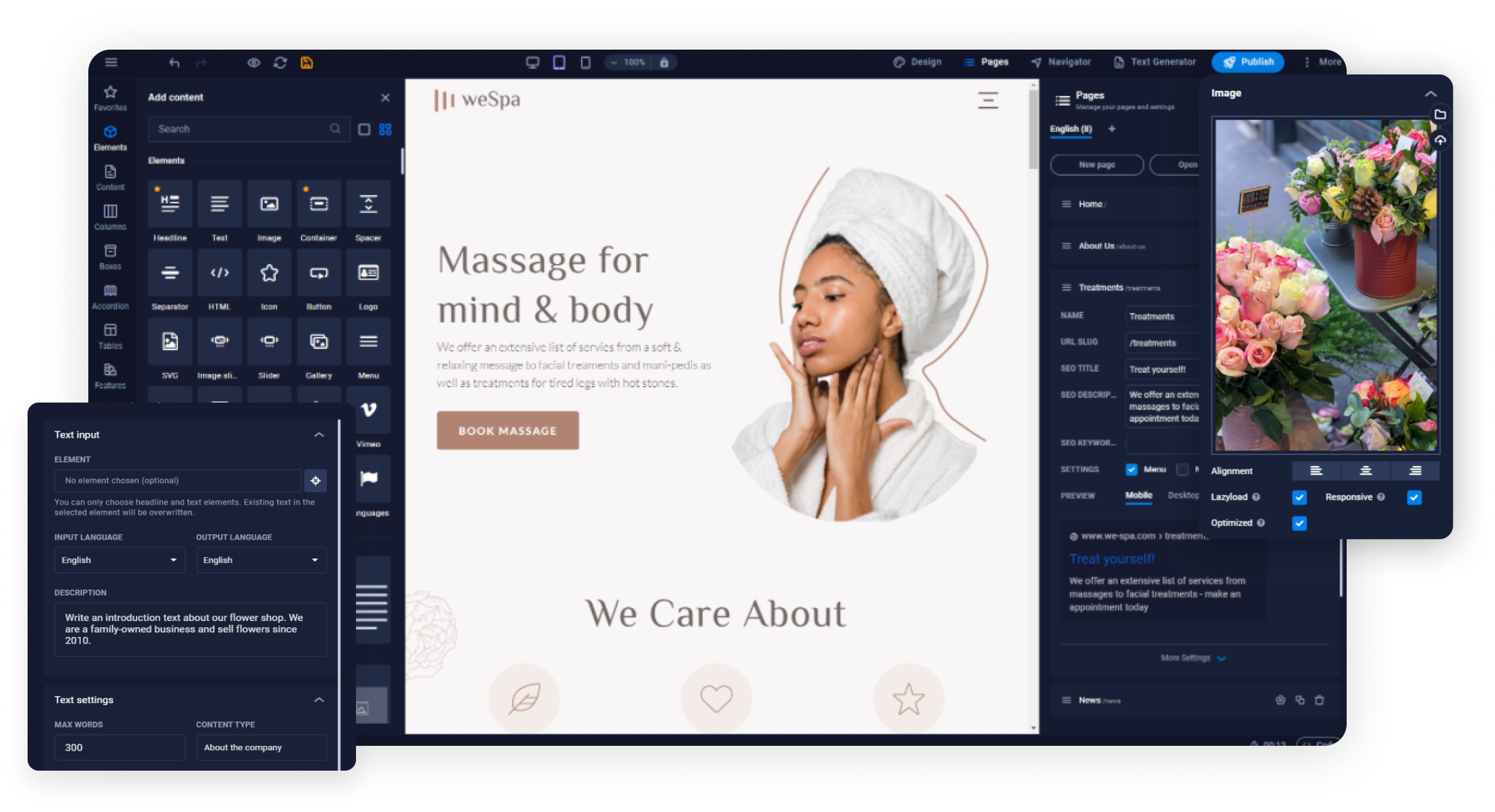 Website Builder interface showing drag-and-drop design tools with a massage therapy website template in the editor.